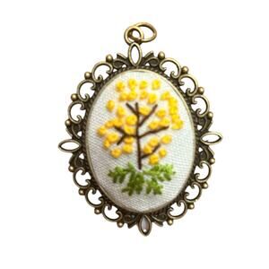 Yellow Floral Hand-stitched Floral Pendant necklace - Embroidery Necklace